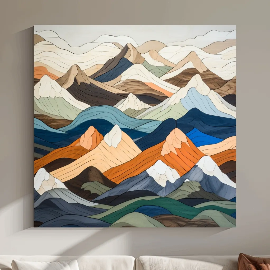 Wooden art, snow mountain peaks