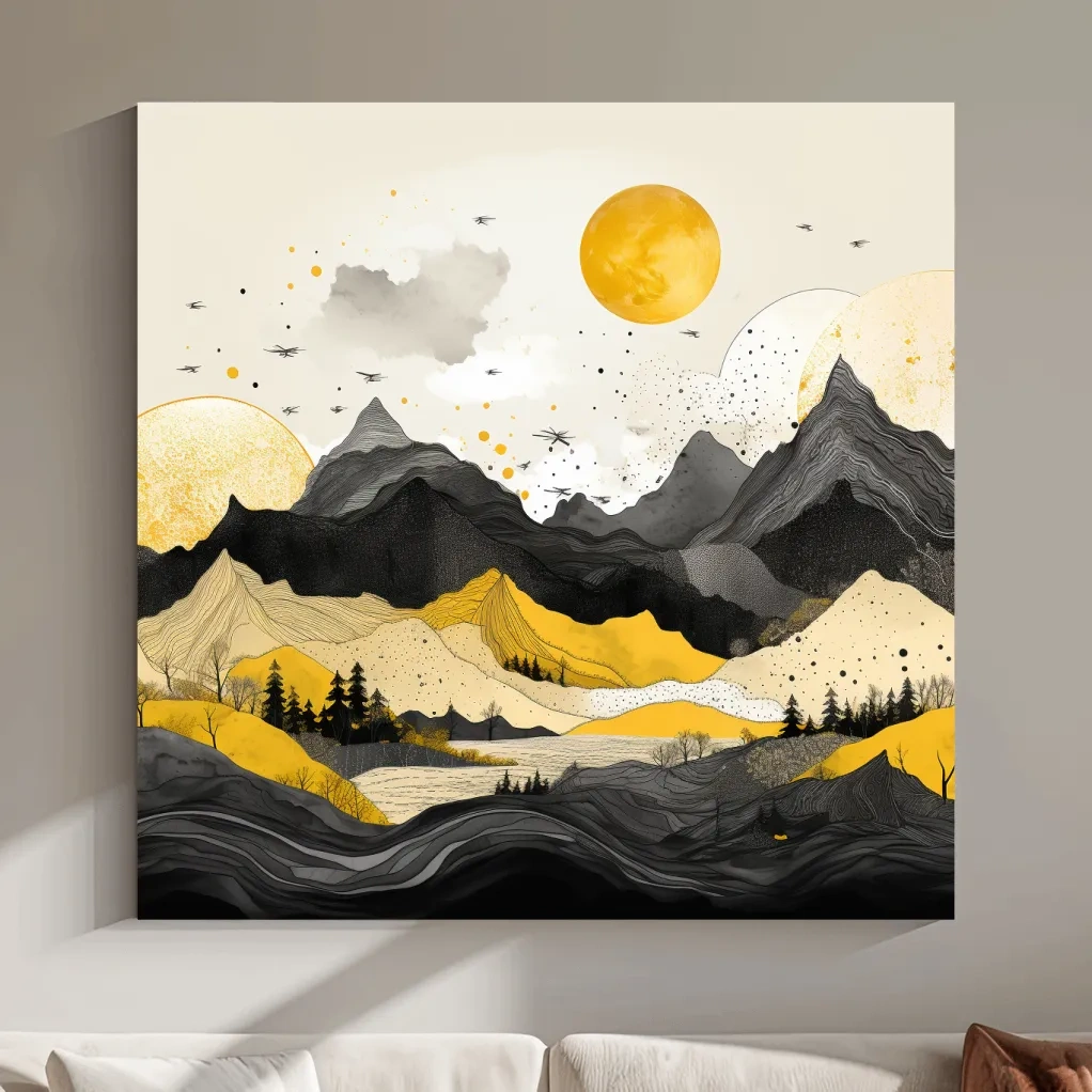 Bold lines mountain illustration, yellow and black