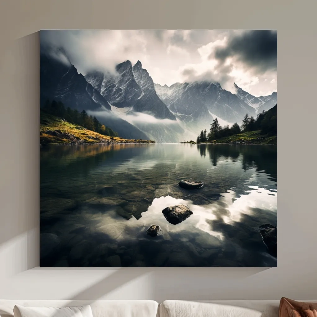 Moody Alpine Lake Reflection Photograph - Dramatic Landscape Wall Art