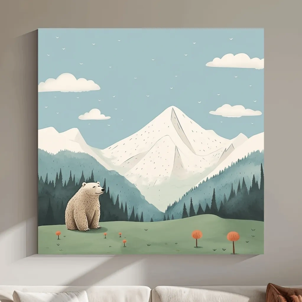 Illustration of a happy bear sitting in the alpine