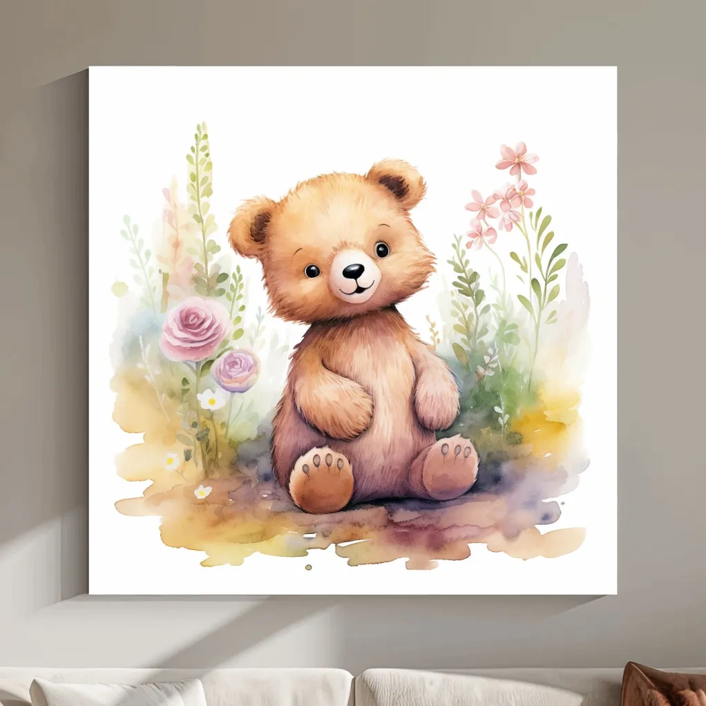 Cute Watercolor Teddy Bear With Pastel Flowers - Nursery Animal Wall Art