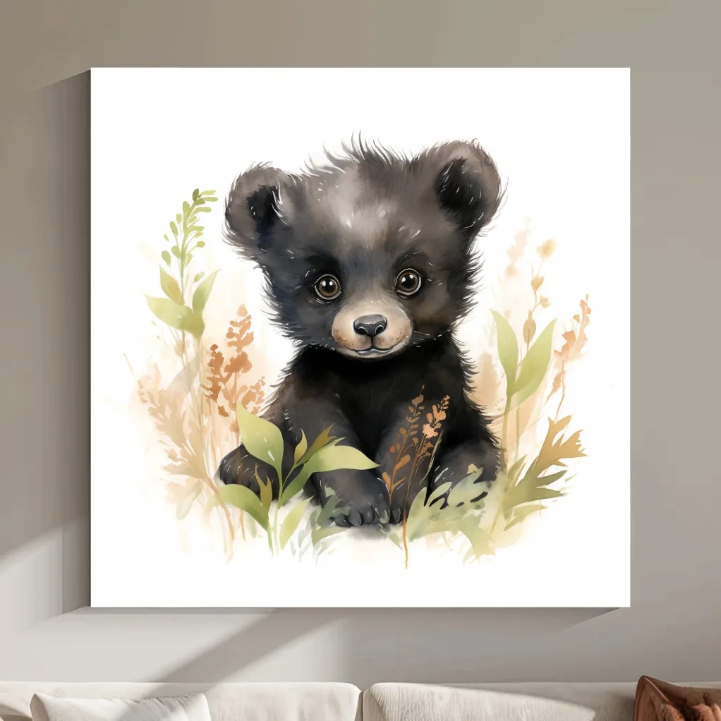 Watercolor painting of a cute black bear cub, nursery art painting