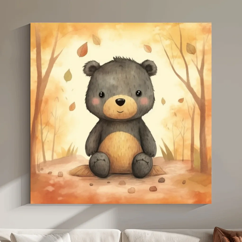 Cute Watercolor Teddy Bear Forest Illustration - Whimsical Nursery Wall Art