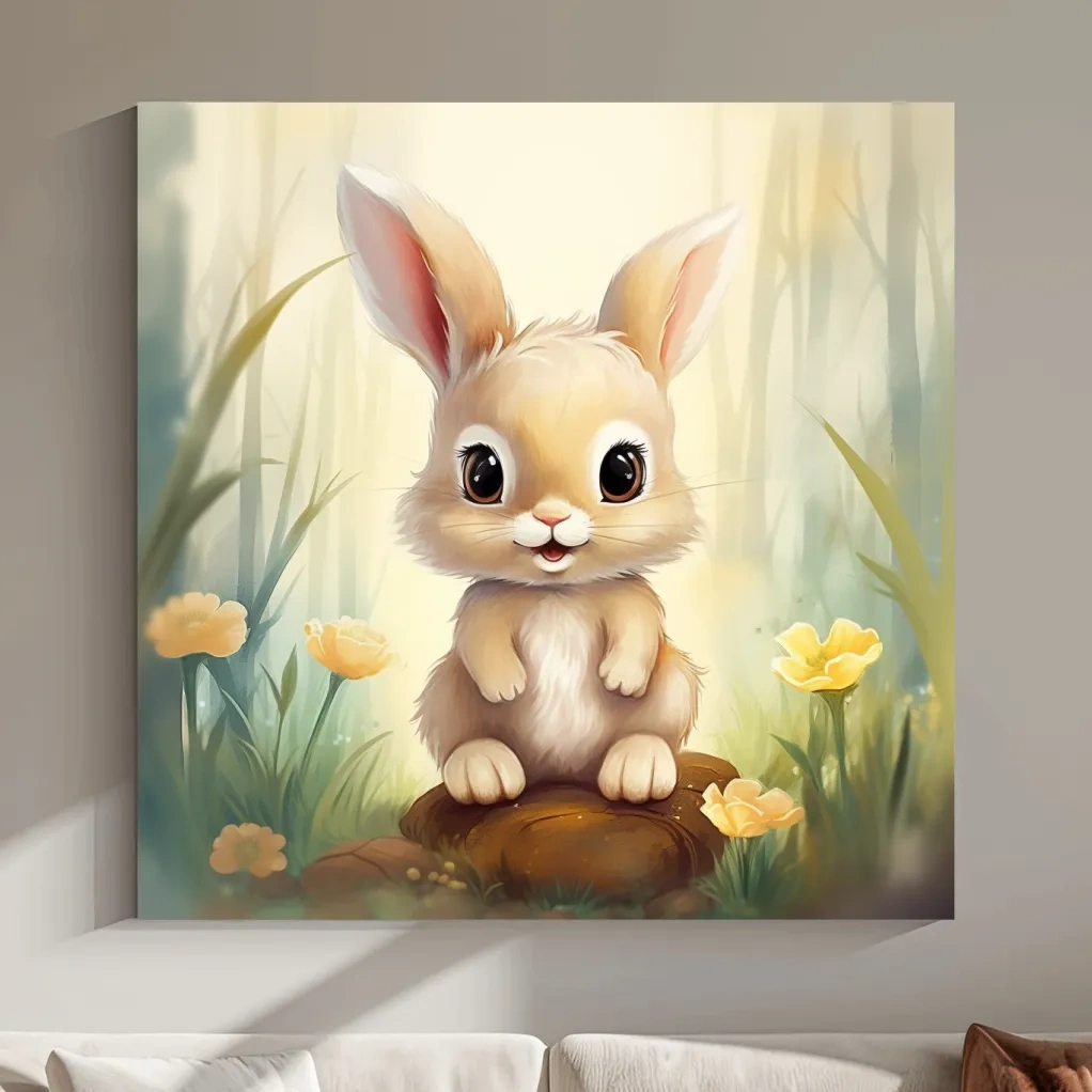 Nursery art - illustration of a cute bunny rabbit in the forest