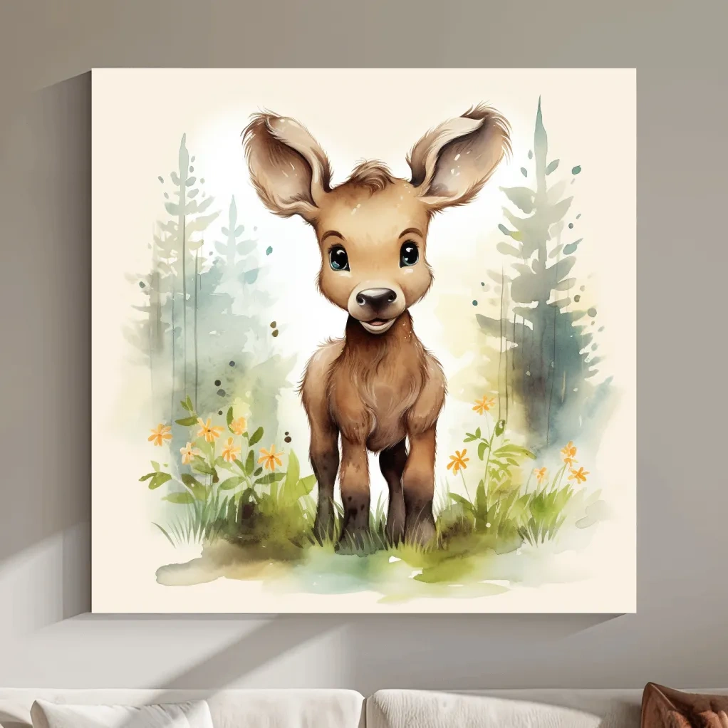 Nursery art watercolor painting, a cute baby deer in the forest