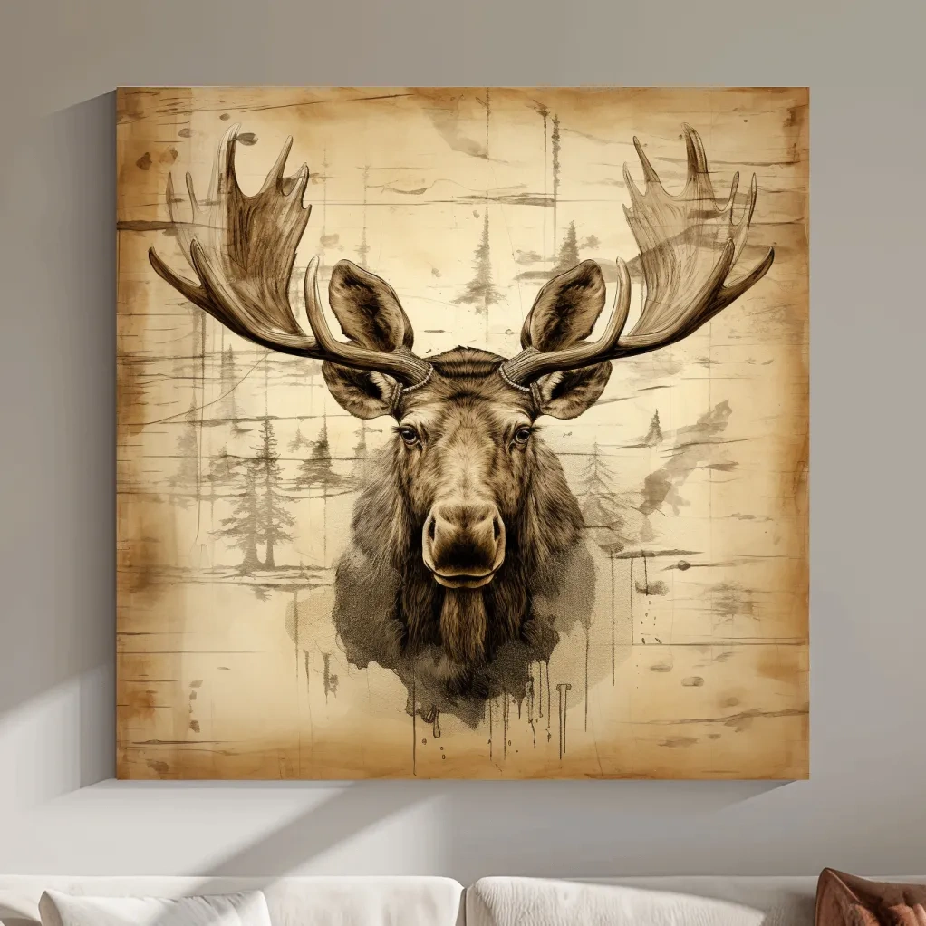 Vintage style art, moose head on wood print