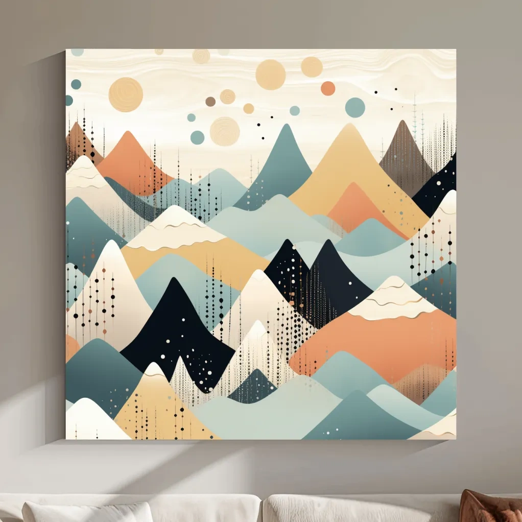 Mid-century bohemian art, pastel mountain patterns