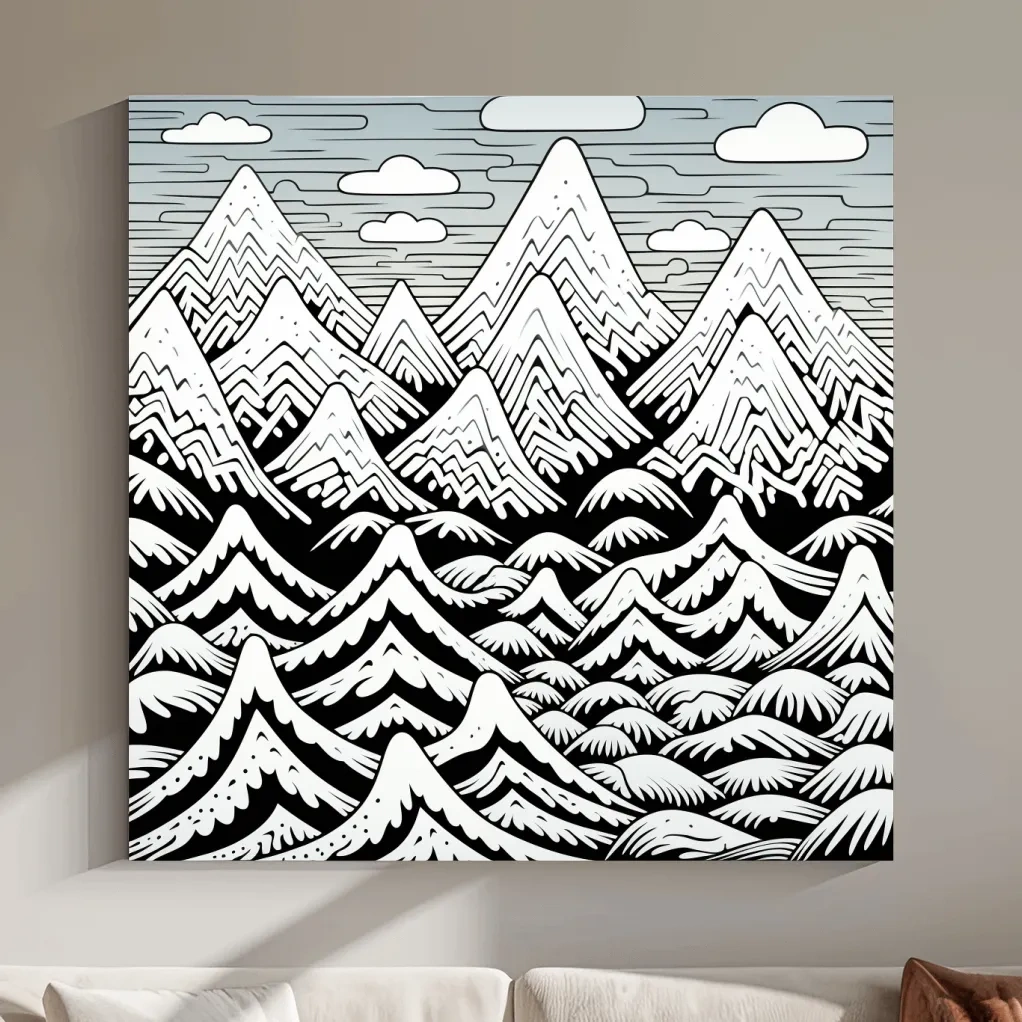 Black and white illustration drawing of snowy mountain patterns