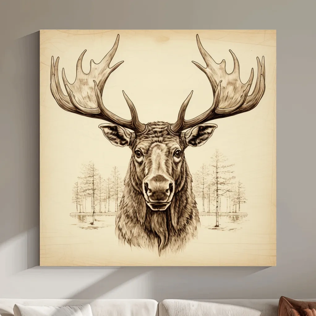 Rustic Sepia Moose Head Sketch - Vintage Woodland Wildlife Wall Art