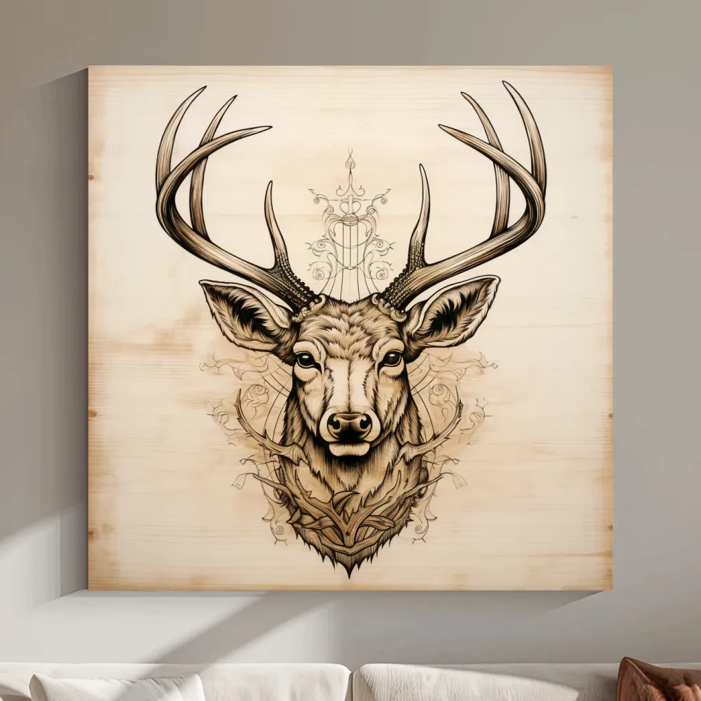 Ornate Deer Head on Wood Sketch Illustration - Rustic Wildlife Wall Art