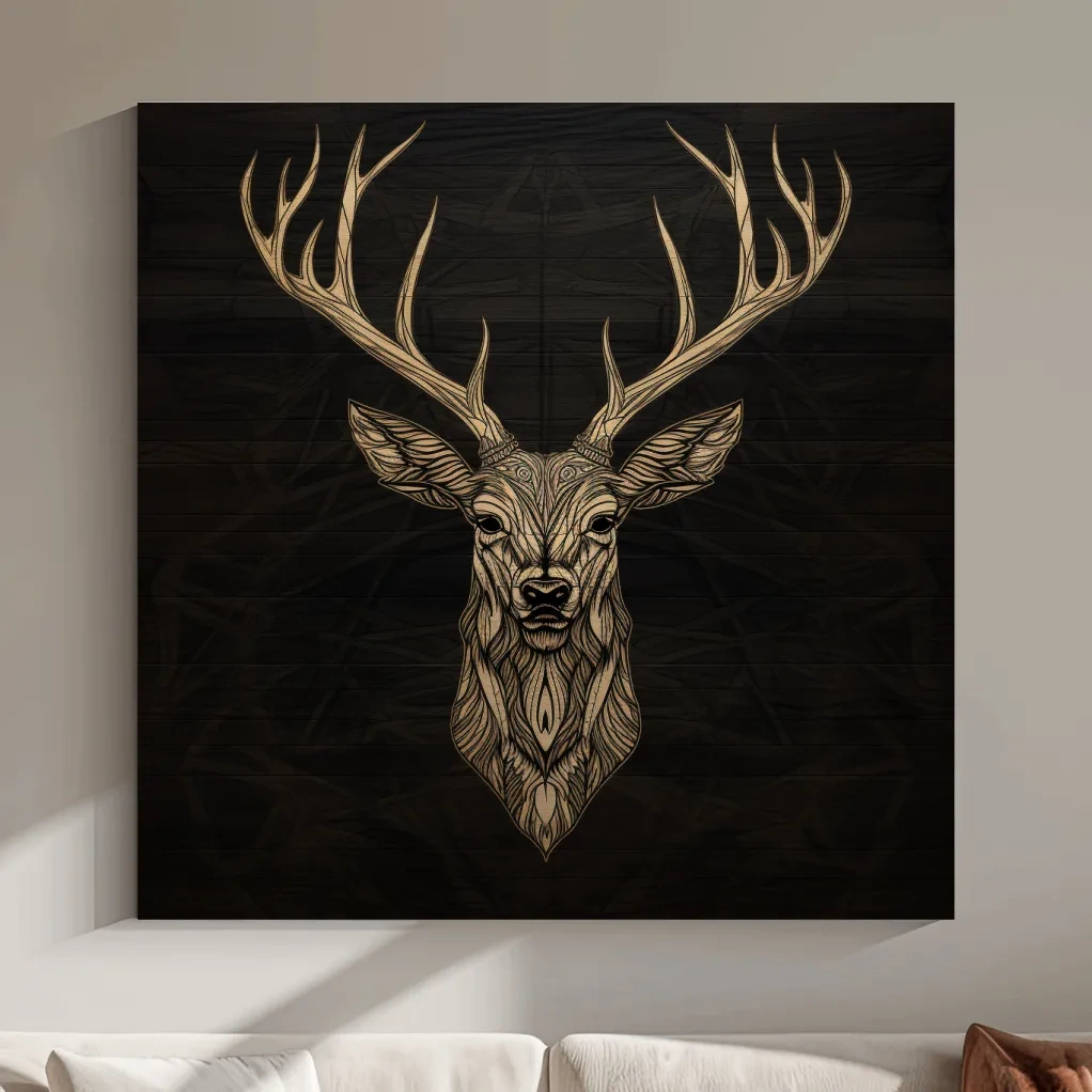 Wood engraving artwork of a deer head