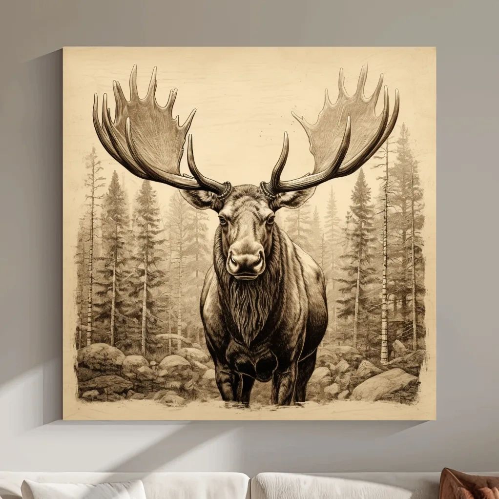 Majestic Moose Portrait Sketch - Vintage Sepia Wildlife Wall Art