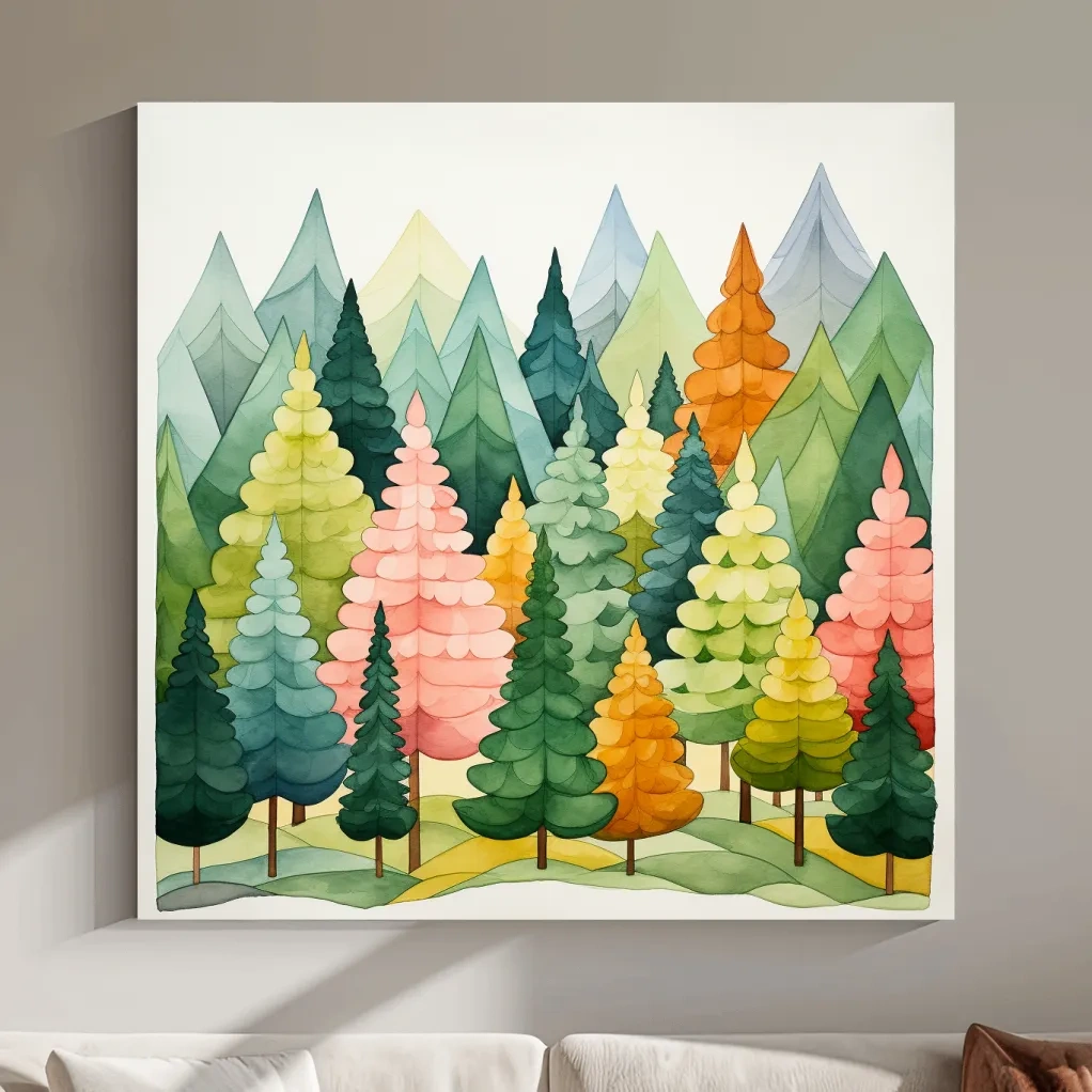 Whimsical Watercolor Pine Forest Mountains - Pastel Nursery Childrens Wall Art