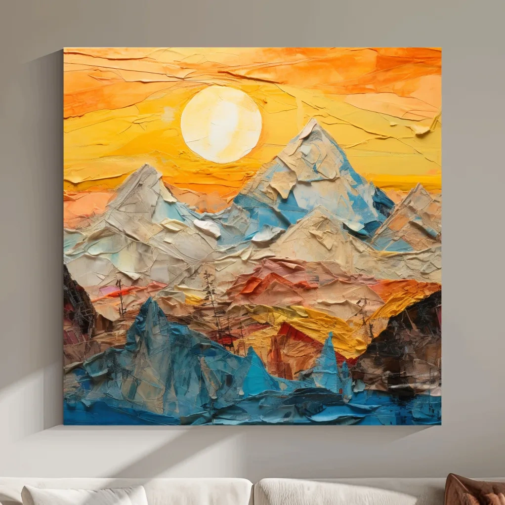 Textured art paper mache effect, mountains at sunset canvas art