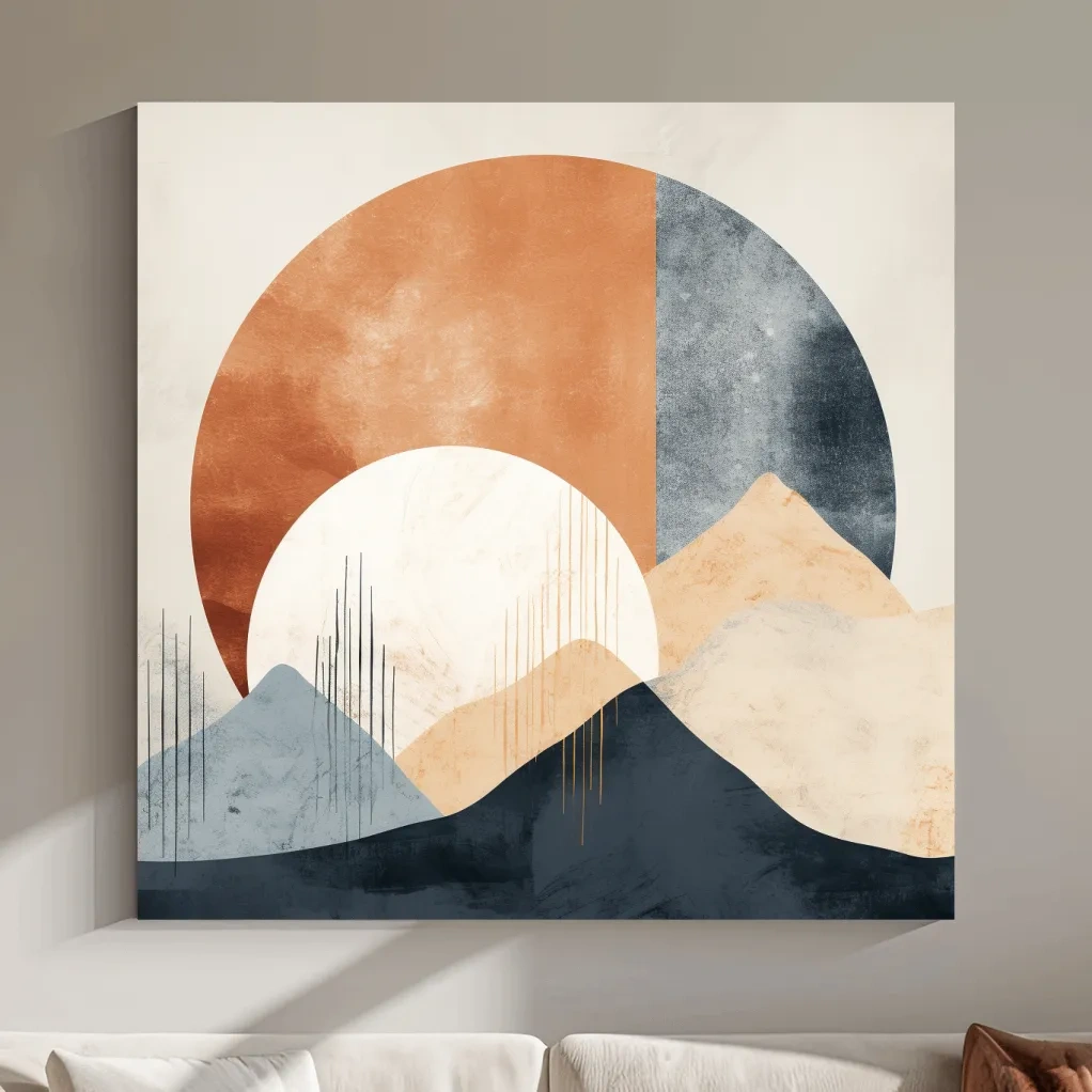 Abstract shapes forming mountains, mid century style artwork, earthy tones