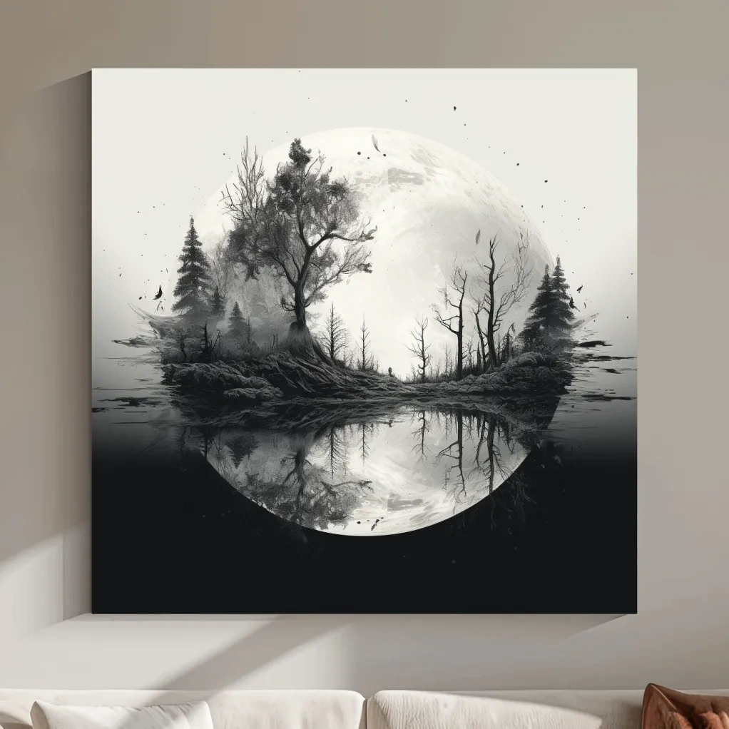 Surreal double exposure moon and forest drawing artwork