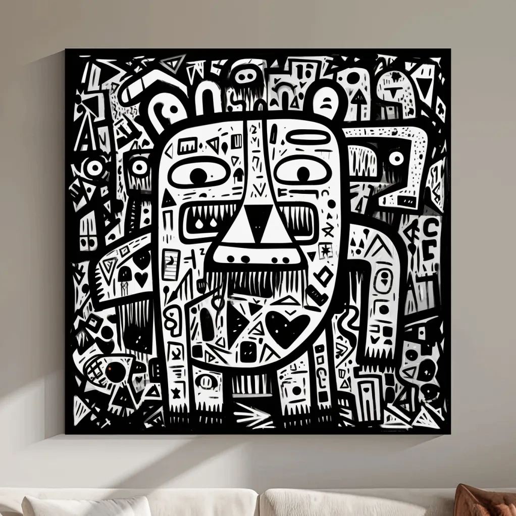 Abstract Black And White Graffiti Bear Doodle Art - Bold Geometric Animal Wall Art