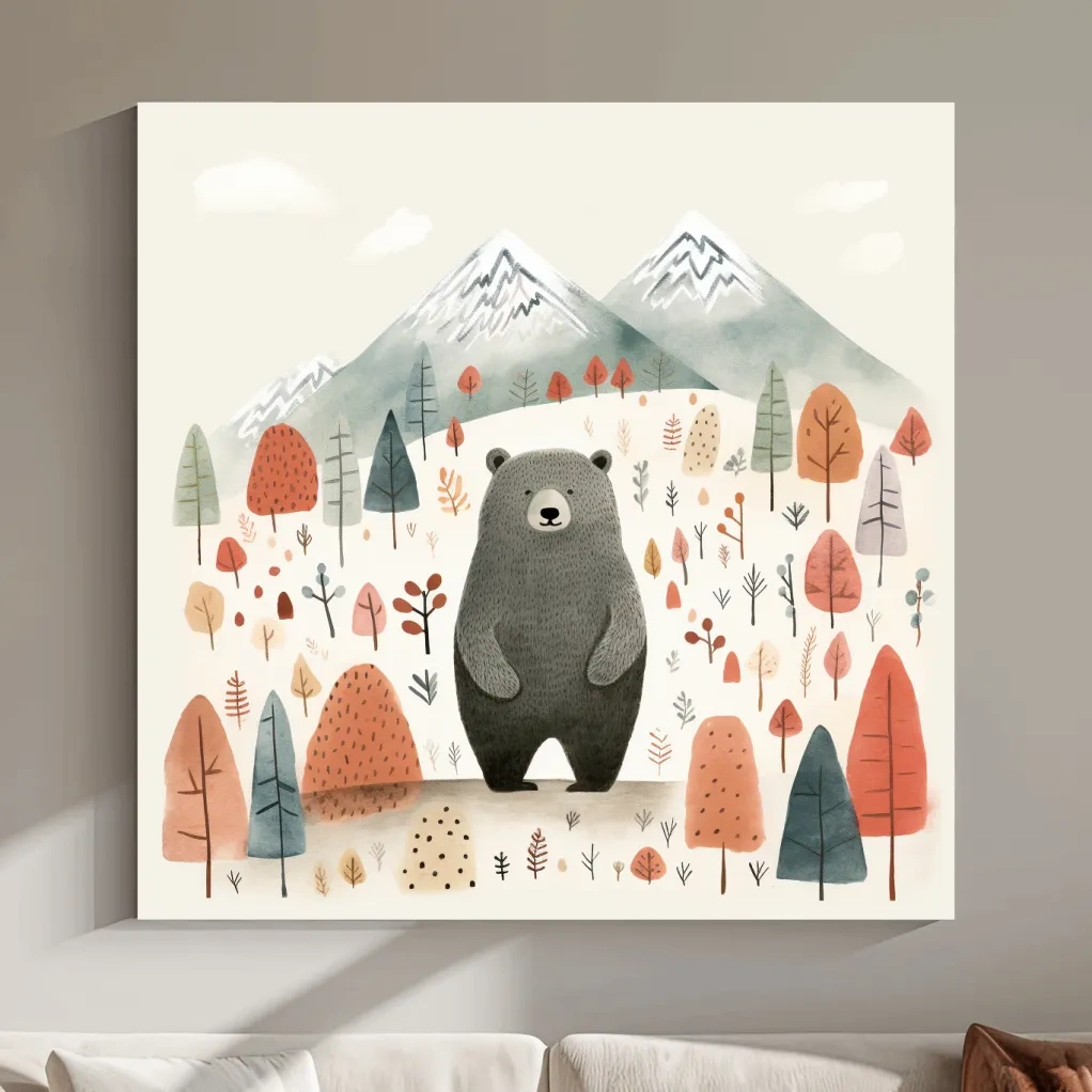 Nursery storybook art illustration of a black bear in the forest