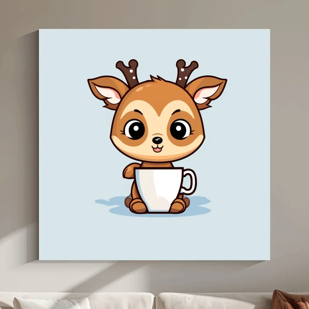 Cartoon illustration of a cute baby deer having morning coffee