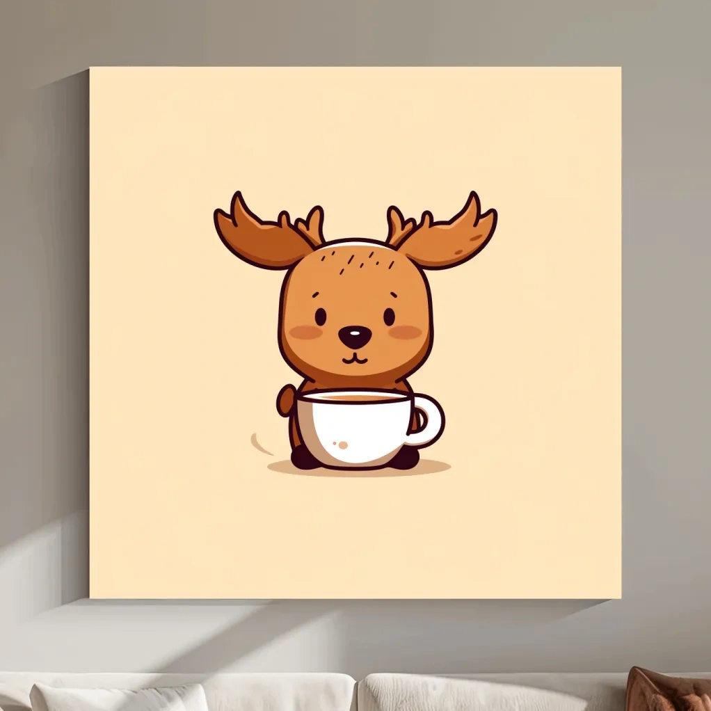 Cartoon illustration of a happy baby moose drinking coffee