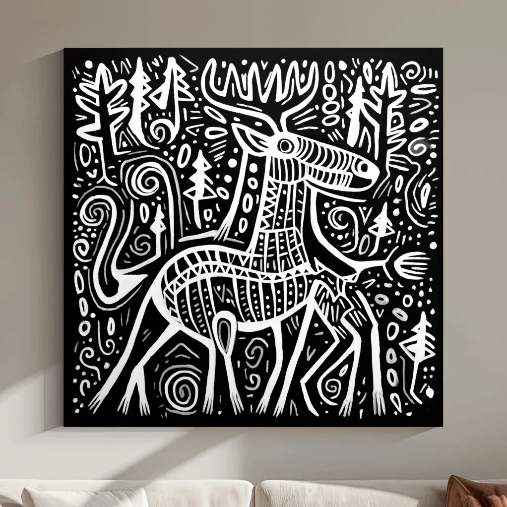 Quirky tribal style moose illustration art