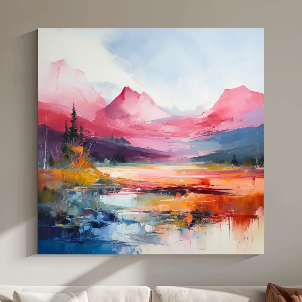 Abstract impressionist painting of an alpine mountain scene