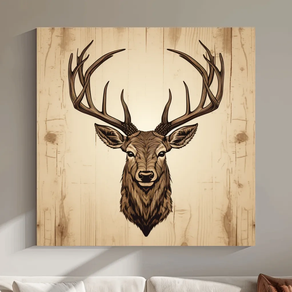 Engraved wood art of deer head