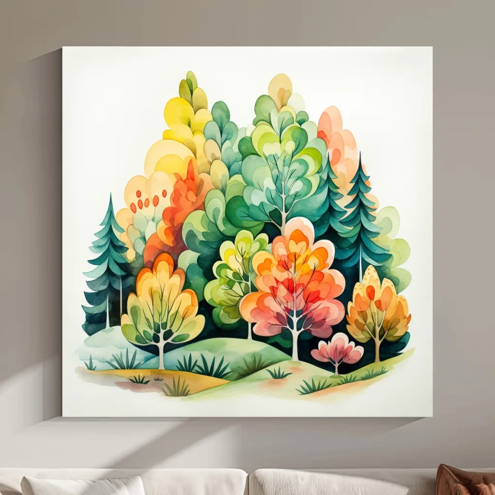 Colorful forest art, watercolor style illustration