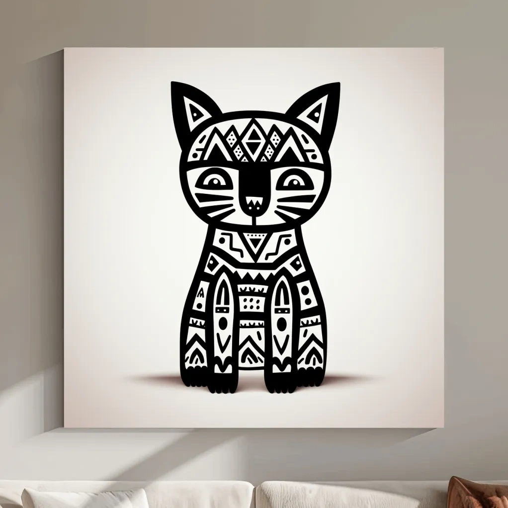 Tribal Geometric Cat Illustration - Black And White Quirky Animal Wall Art