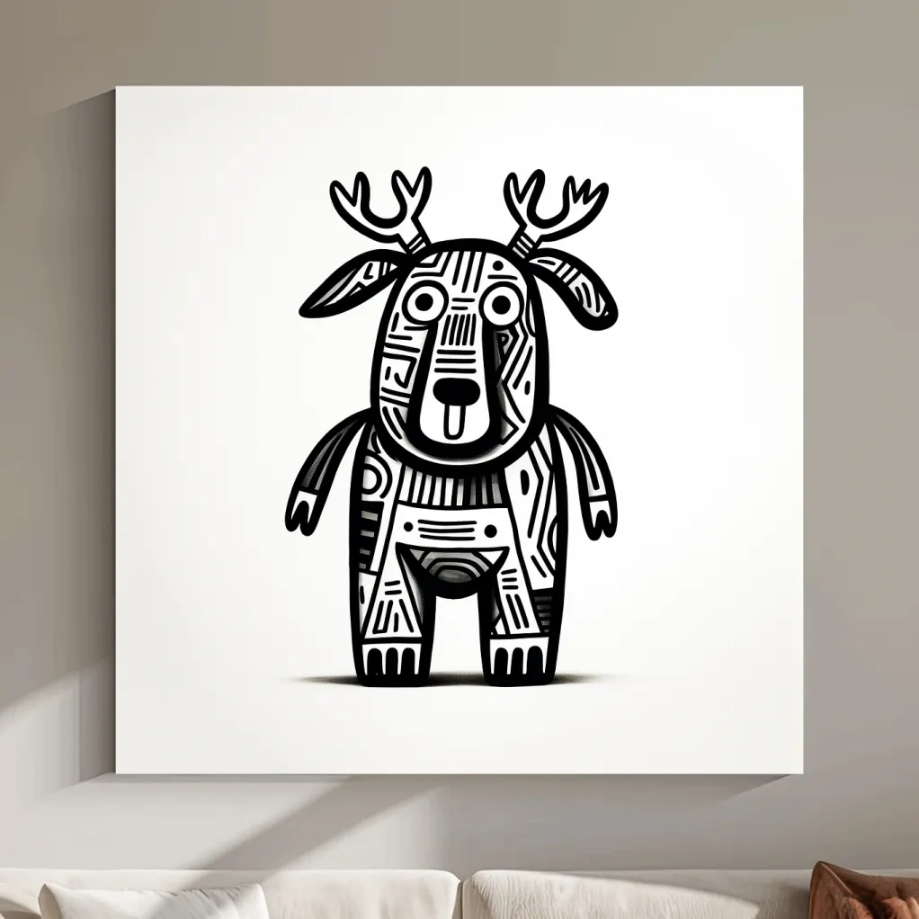 Whimsical Tribal Deer Illustration - Quirky Black And White Animal Wall Art