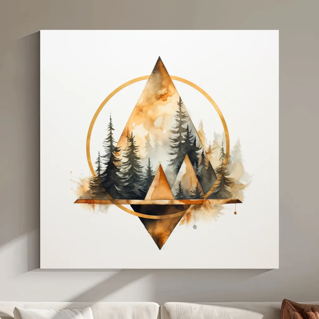 Minimal watercolour tree art, elegant geometric shapes, circular, triangles