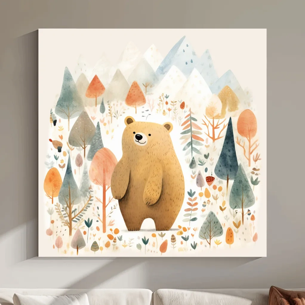 Cute quirky storybook nursery art, a brown bear in the mountains