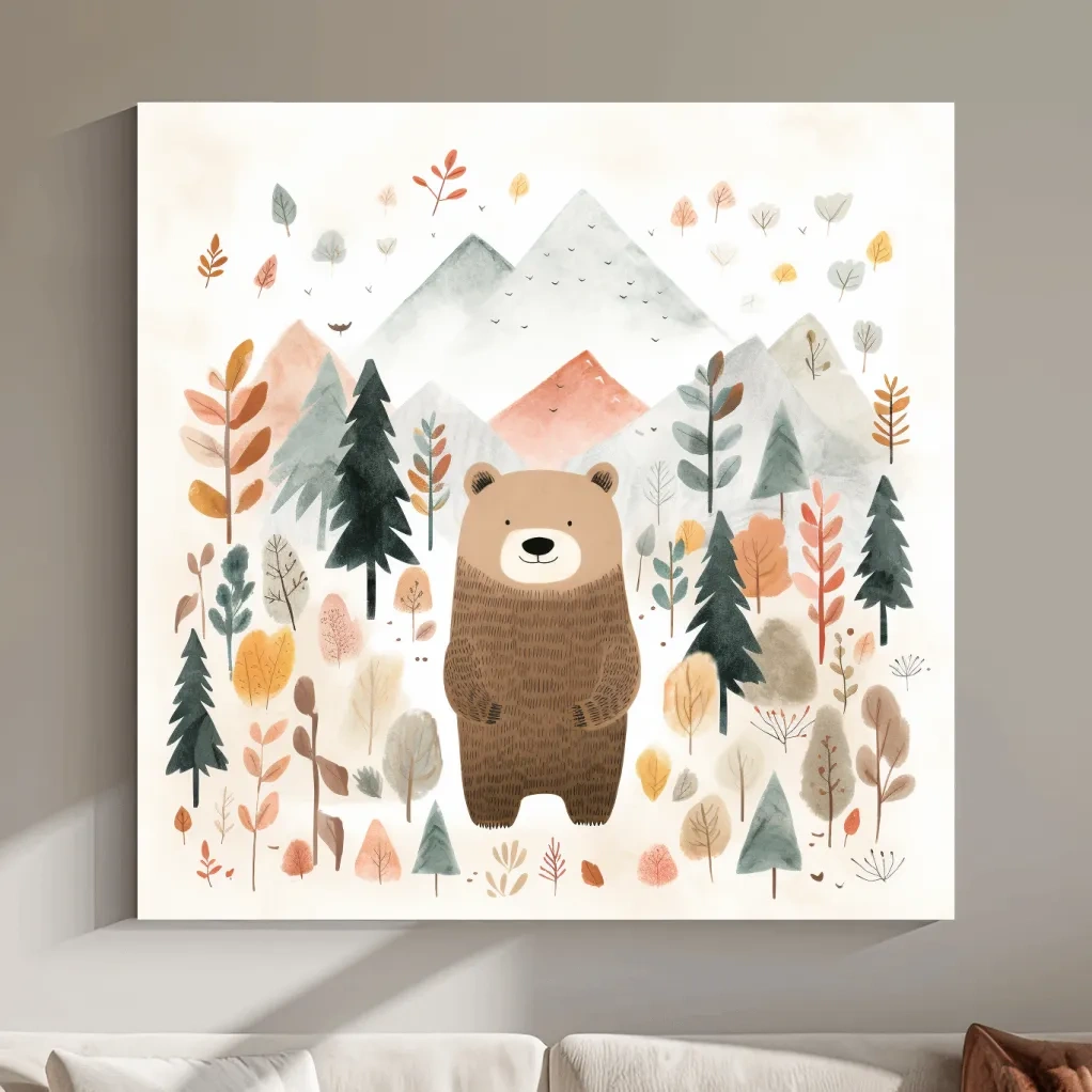 Nursery storybook art illustration of a brown bear in the forest