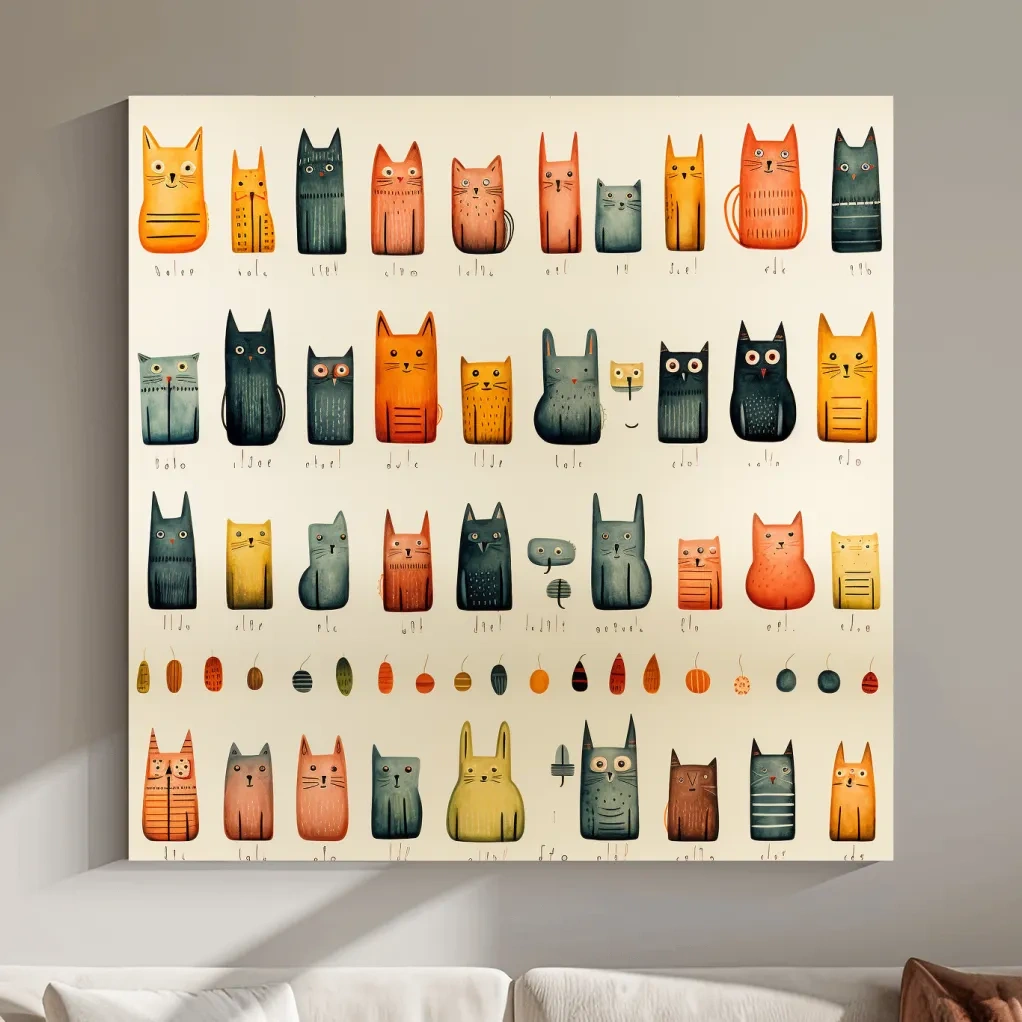 Whimsical Mid Century Cat Pattern Illustration - Colorful Nursery Wall Art