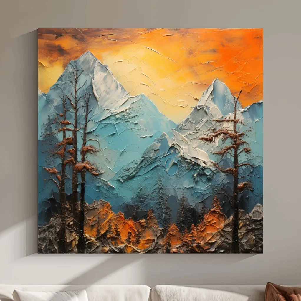 Textured Abstract Alpine Mountains At Sunset - Impasto Landscape Wall Art