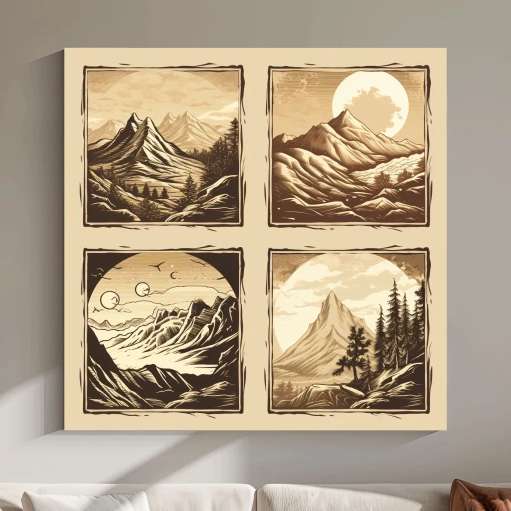 4x4 grid alpine mountain artwork, vector style illustrations, sepia tone