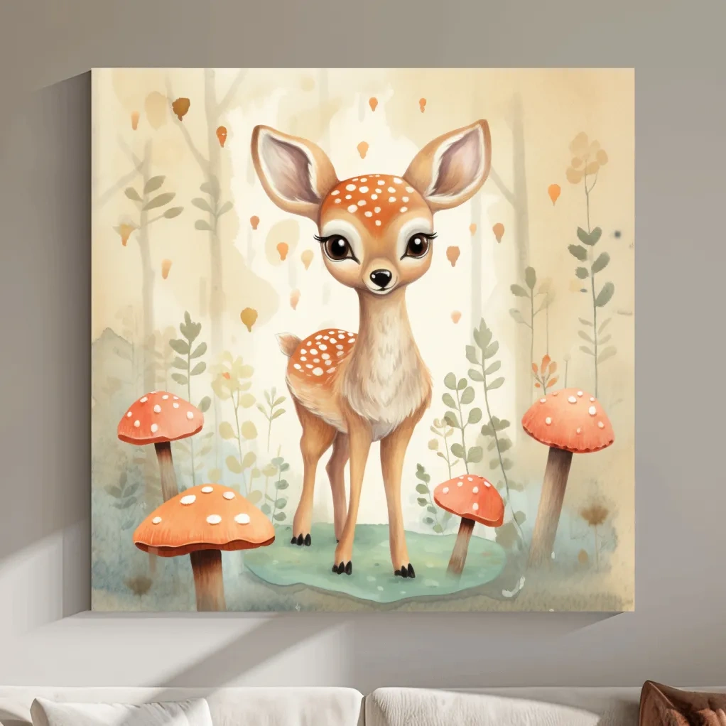 Nursery art, illustration of a cute baby fawn in the forest