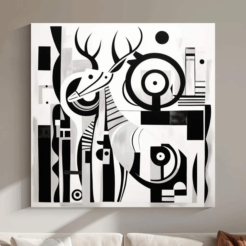 Abstract Geometric Deer Artwork - Mid-Century Black And White Animal Wall Art