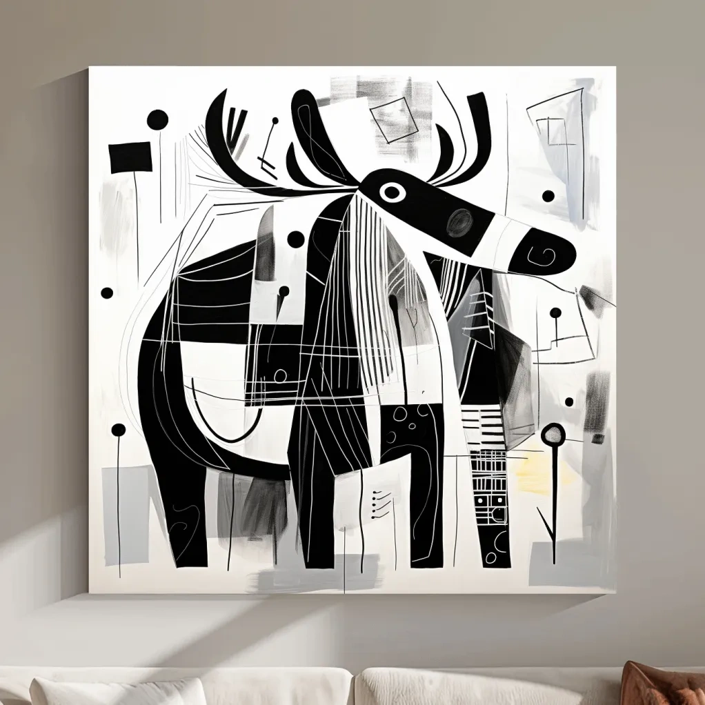 Abstract Monochrome Moose Illustration - Modern Geometric Wildlife Wall Art