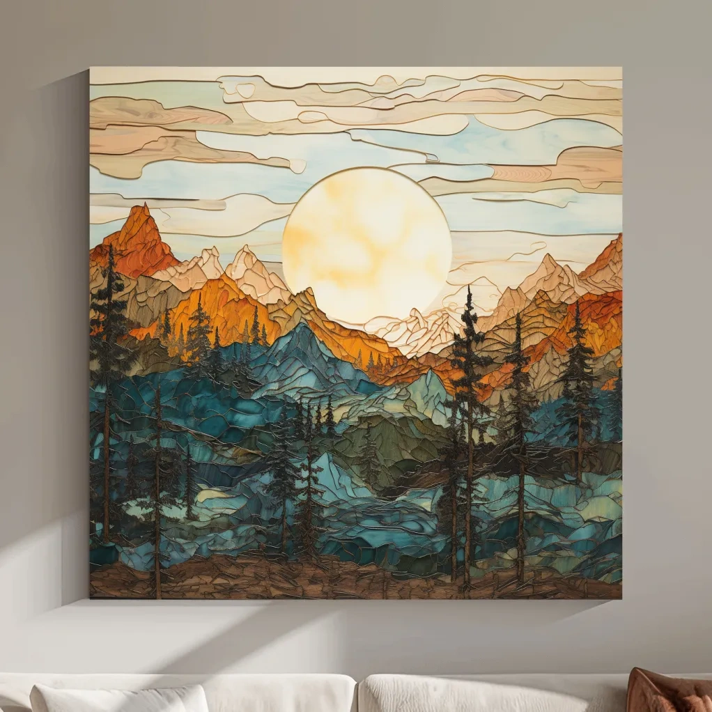 Sunset over the alpine forest mountain art, leadlight stained glass style