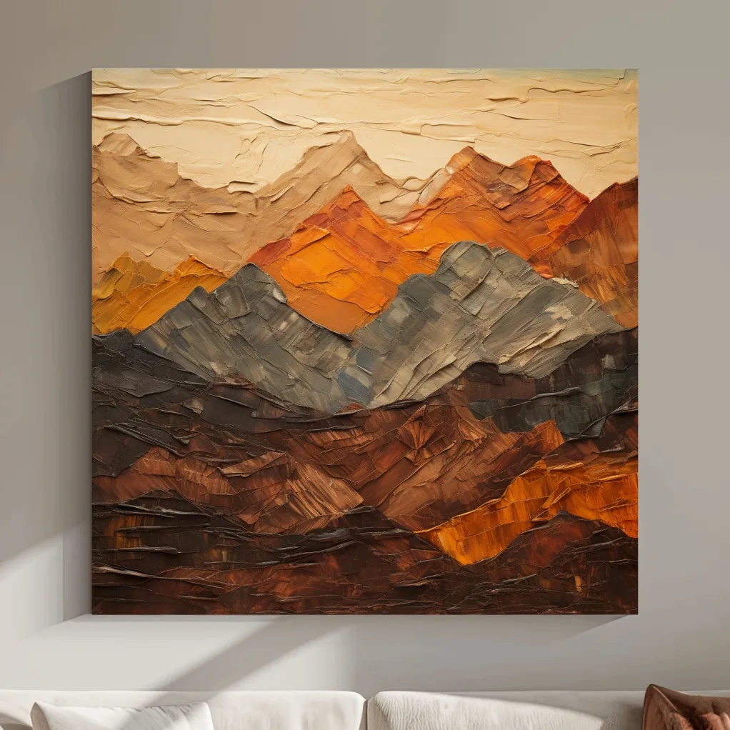 Textured impasto painting of earthy coloured mountains