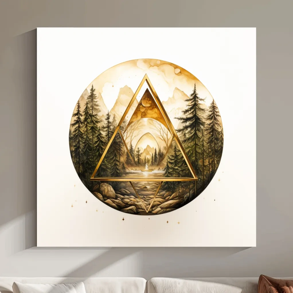 Rustic Mountain Forest Watercolor - Gold Sepia Landscape Wall Art