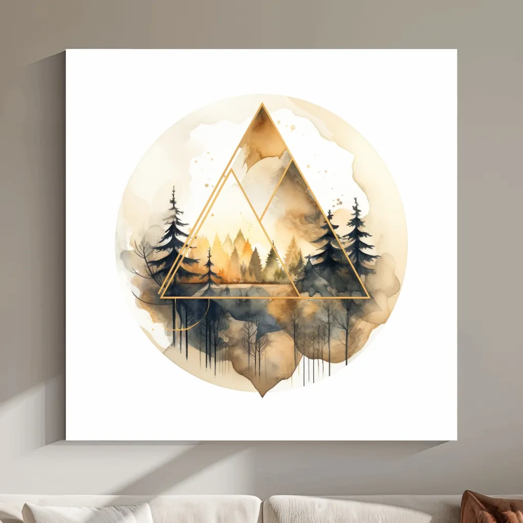 Geometric Watercolor Mountain Forest Landscape - Modern Rustic Nature Wall Art