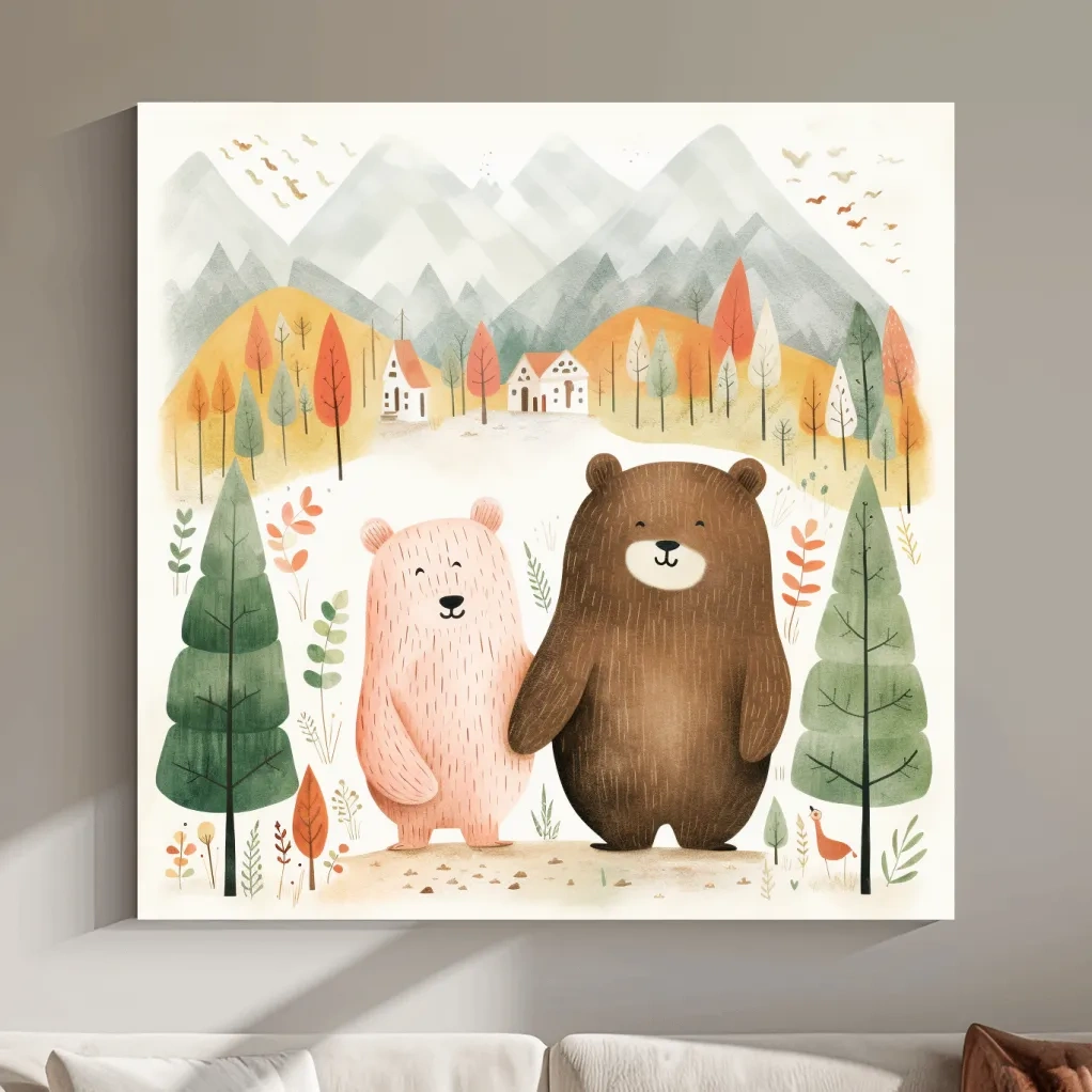 Cute Bear Couple Watercolor Illustration - Whimsical Mountain Forest Nursery Wall Art