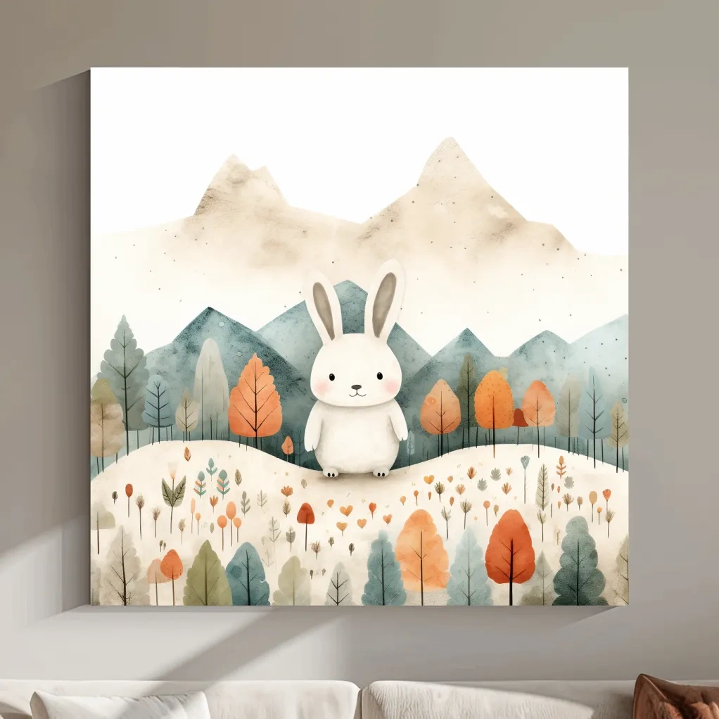 Cute happy bunny in the mountains, childrens storybook illustration art