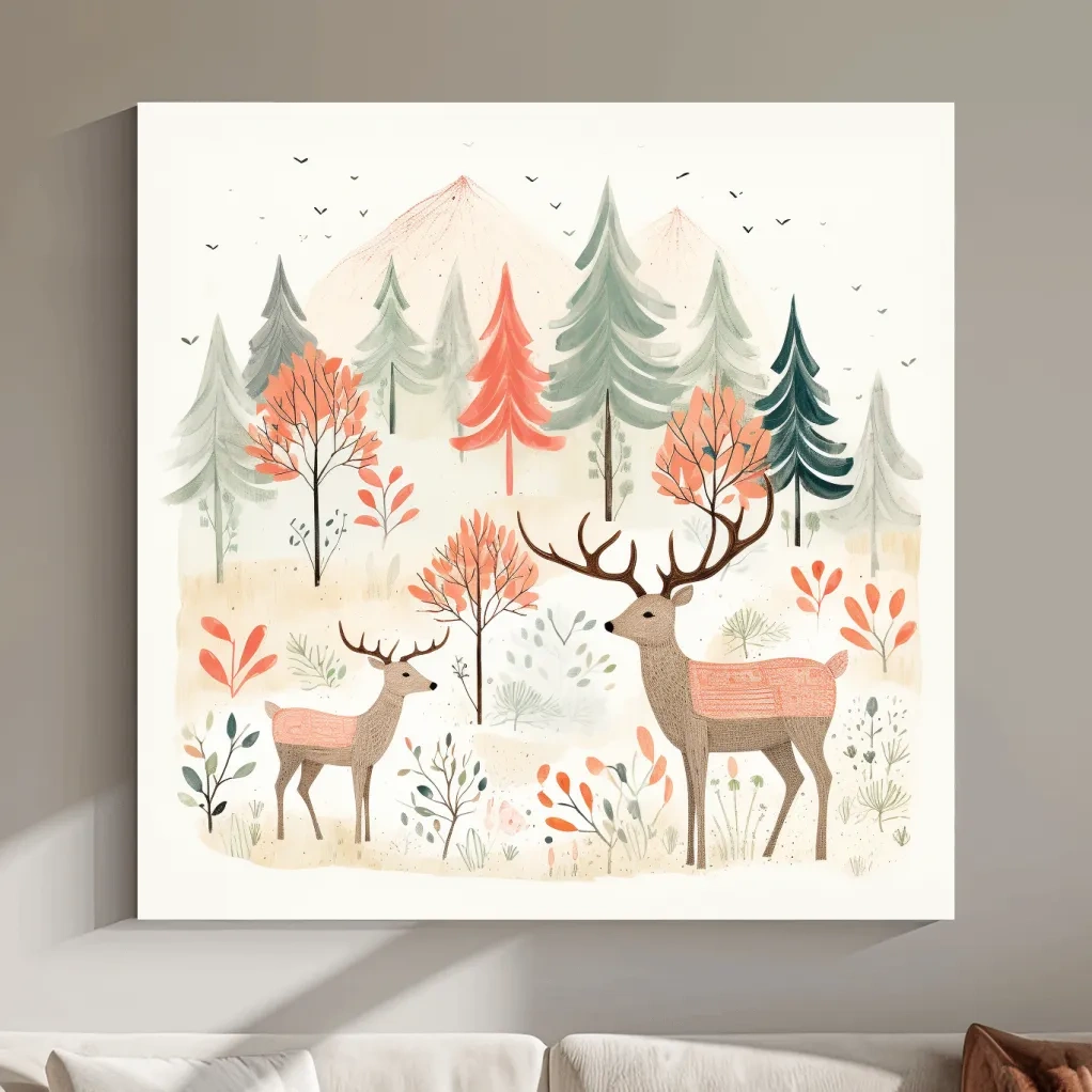 Whimsical Watercolor Deer Forest Storybook Scene - Scandinavian Woodland Nursery Wall Art