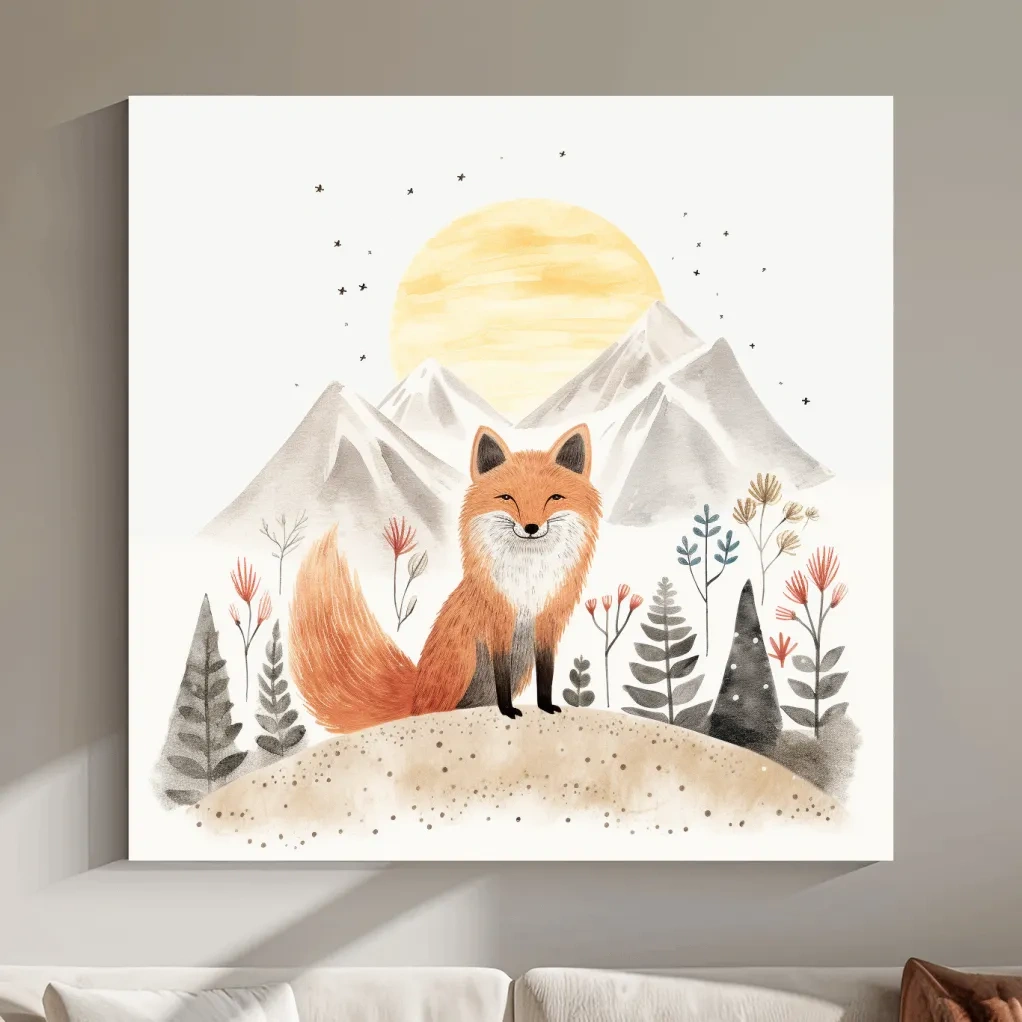Cute quirky storybook nursery art, a happy fox in the mountains