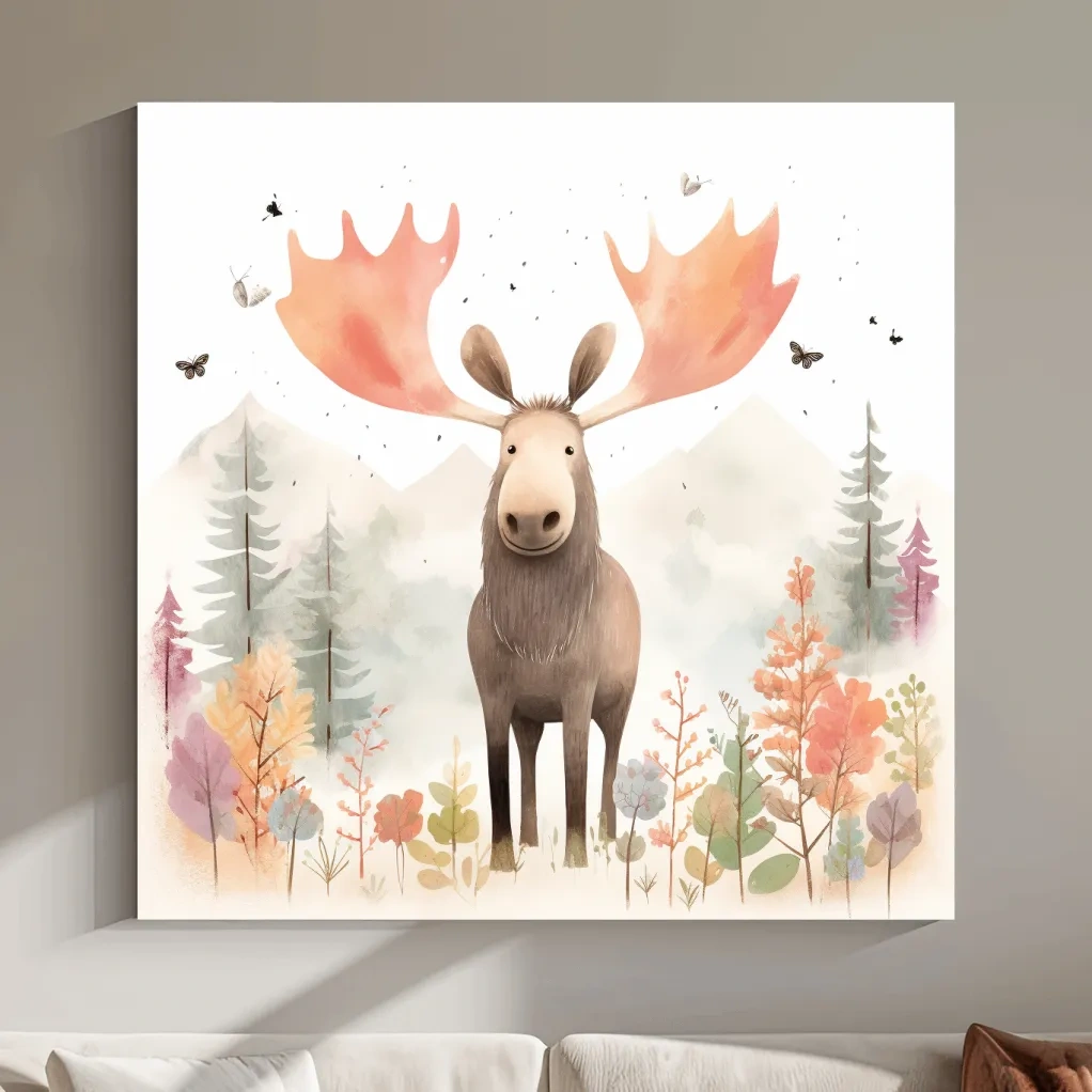 Nursery storybook artwork illustration, a happy moose in the mountains