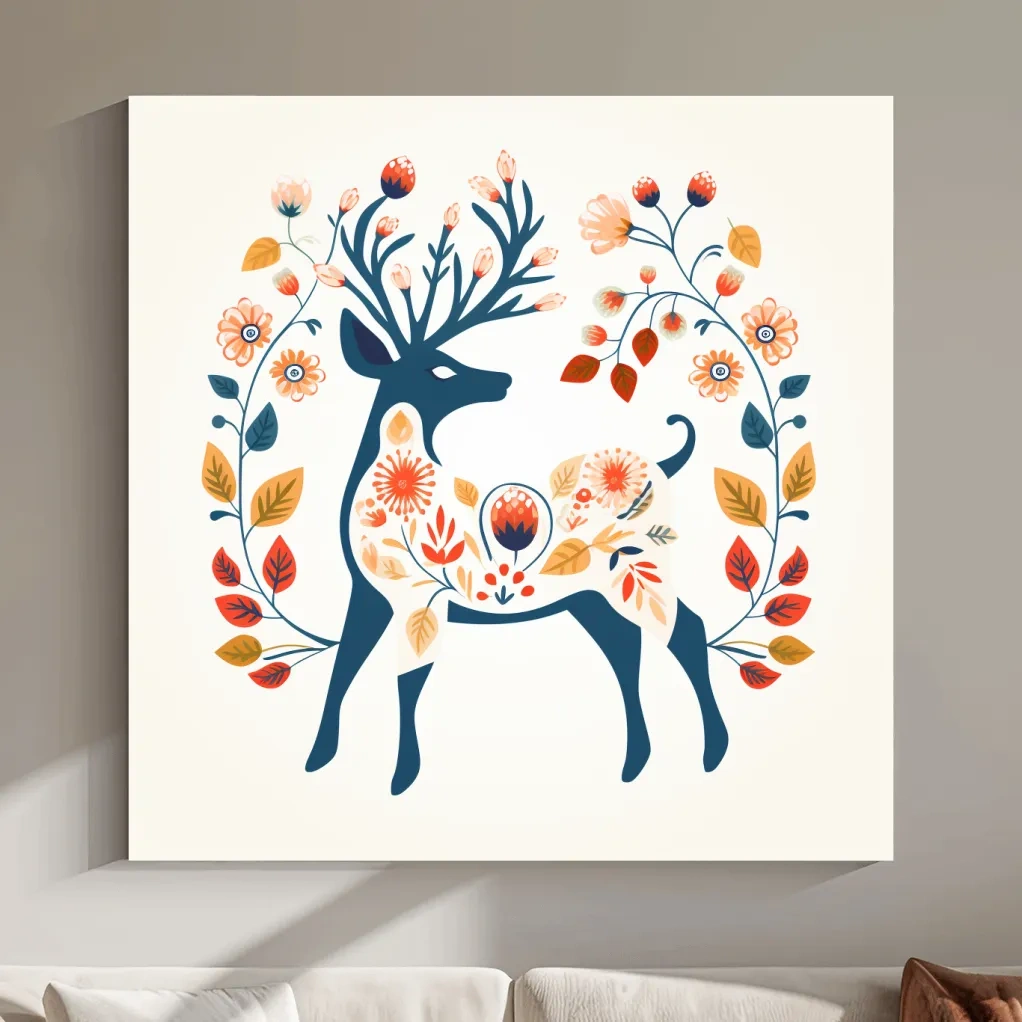 Folk Art Floral Deer Silhouette - Scandinavian Woodland Wall Art