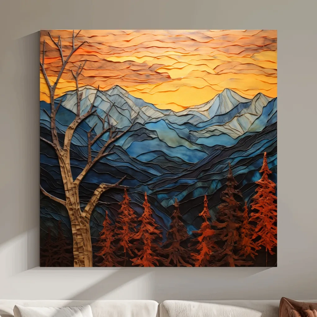 Alpine mountain sunset, layered mixed media style artwork